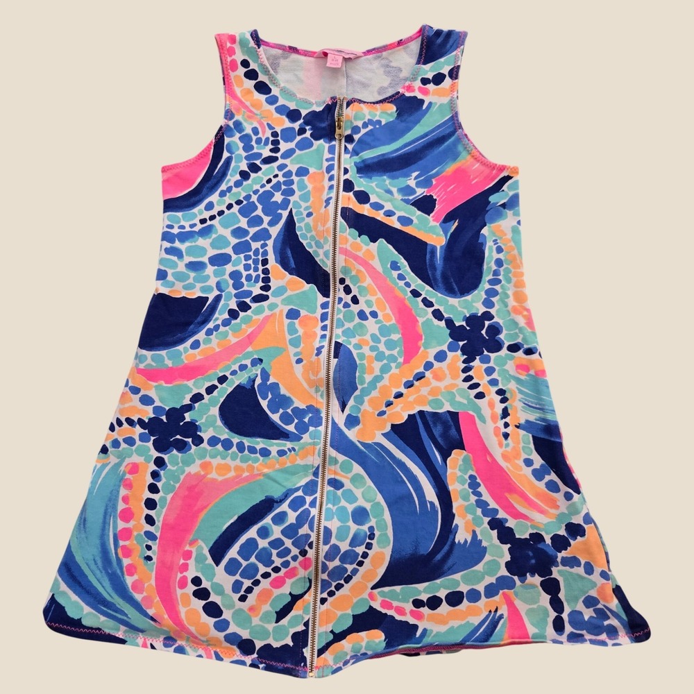 Lilly Pulitzer Girls Sleeveless Zip Front Dress Blue Pink Abstract Print 8-10yrs